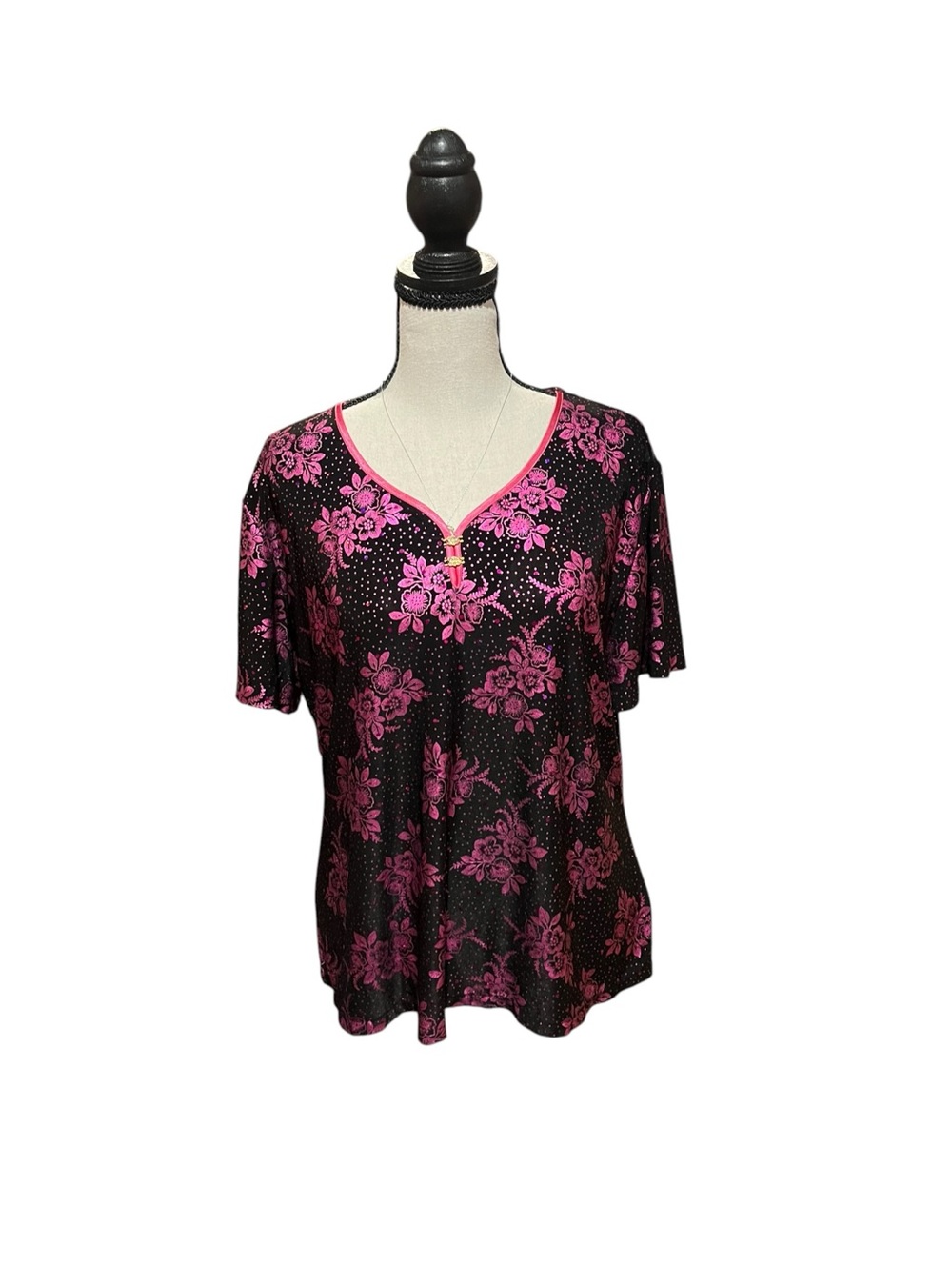 Vintage 70s 80s Floral Blouse Top Black Pink Polyester Made in Taiwan Size 17